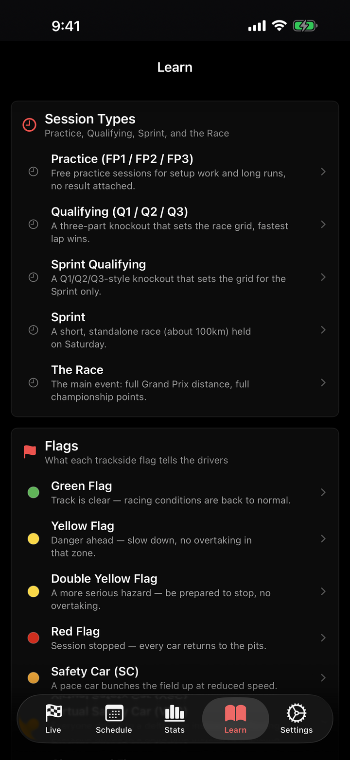 F1Track Learn guide showing session types and flags