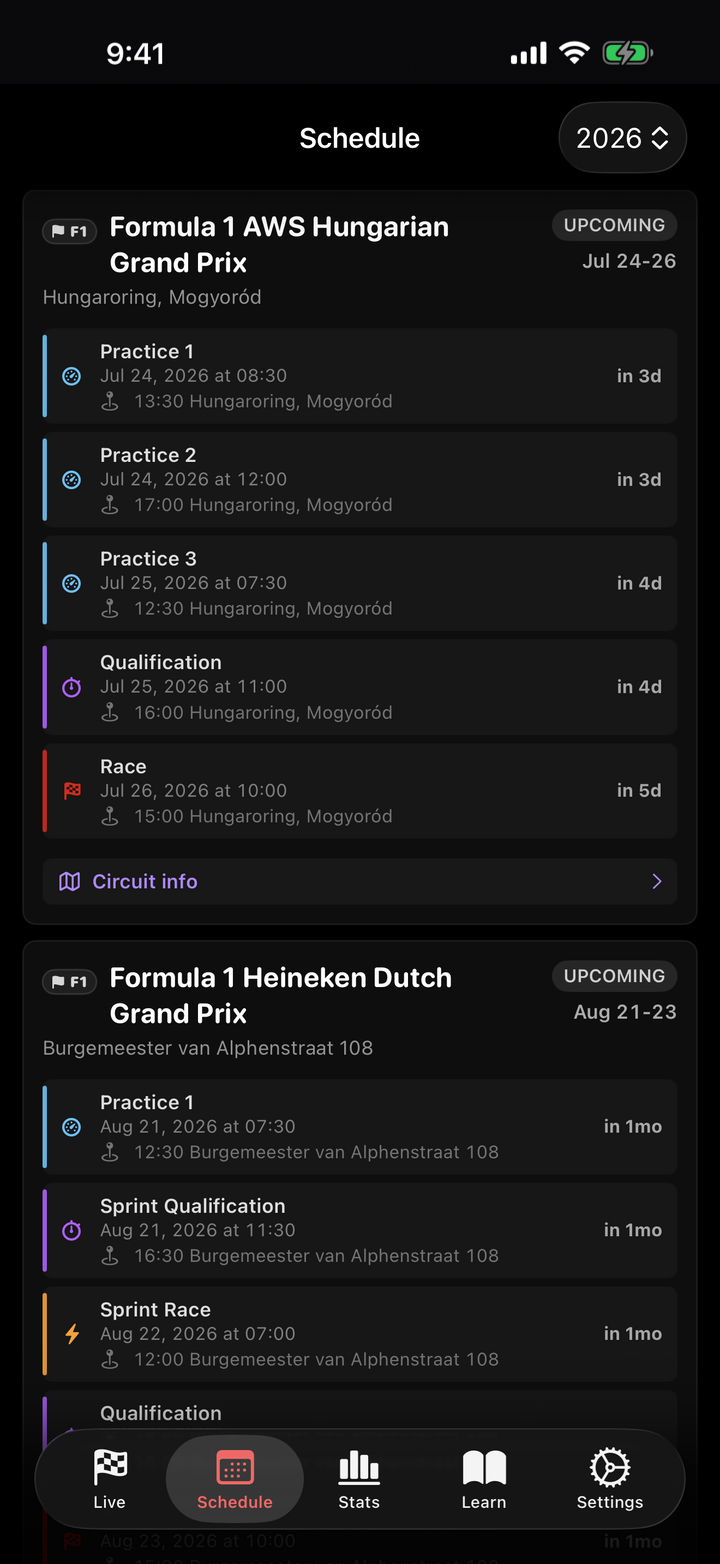 F1Track season schedule and session countdowns