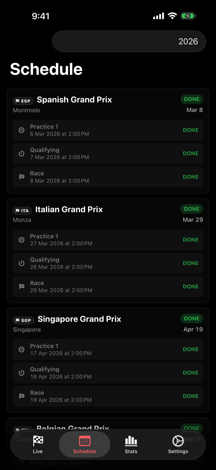 F1Track season schedule and session countdowns